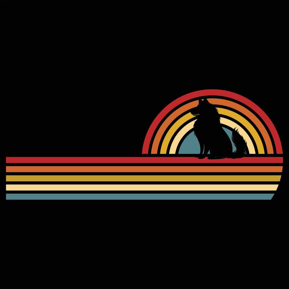 Keeshond Dog Silhouette Against Retro Sunset Sky vector