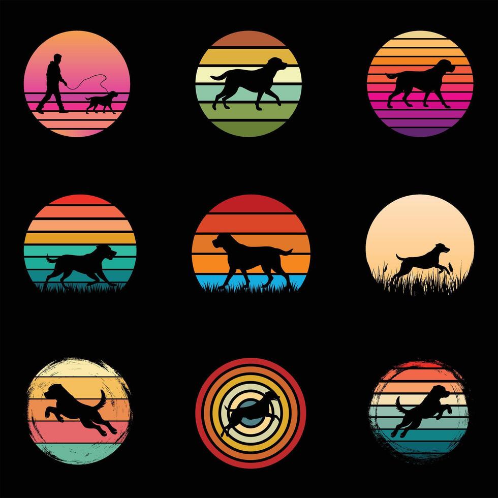 Greater Swiss Mountain Dog Silhouette with Retro Sunset Art Bundle vector