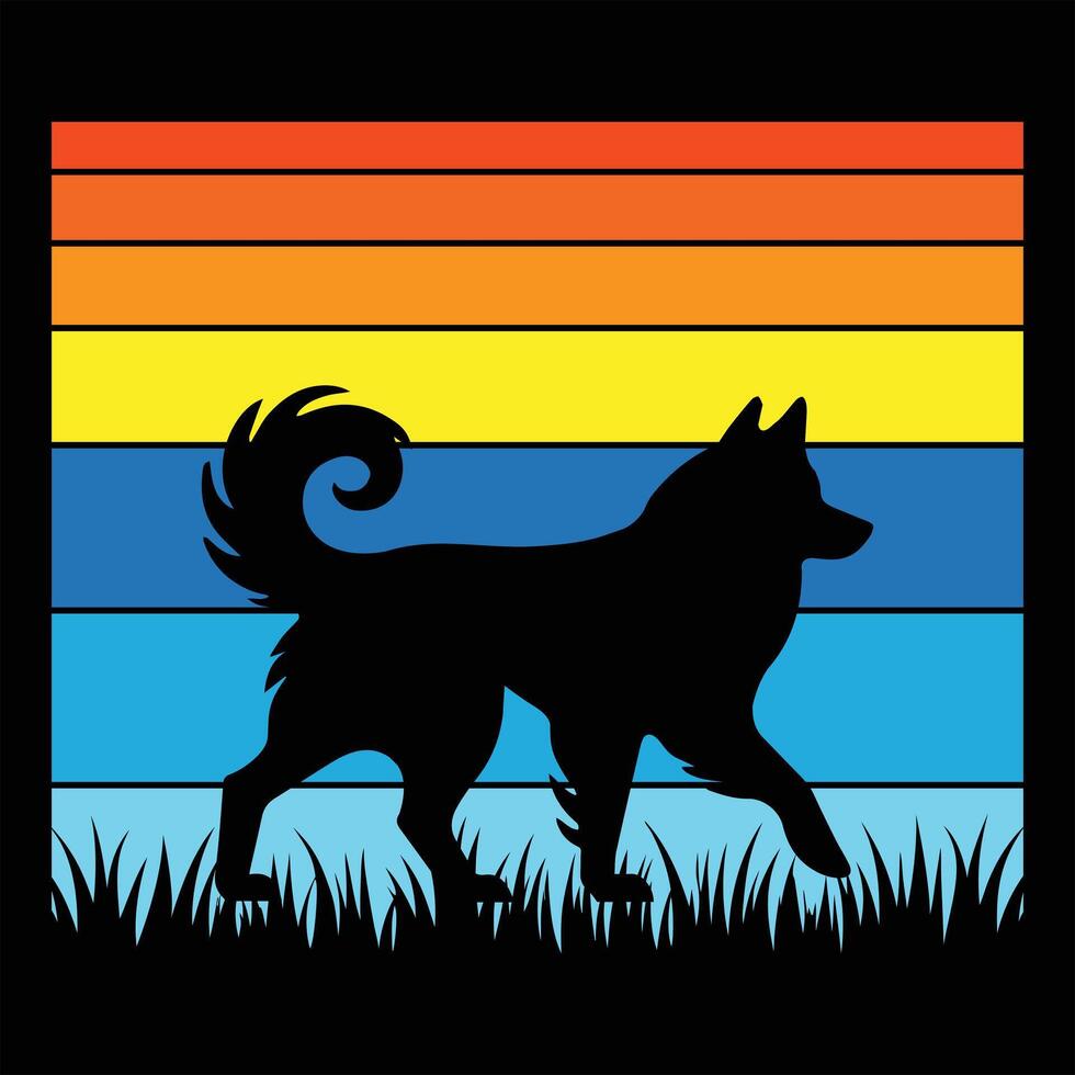 Norwegian Elkhound Dog Silhouette with Vintage Sunset Retro Background vector