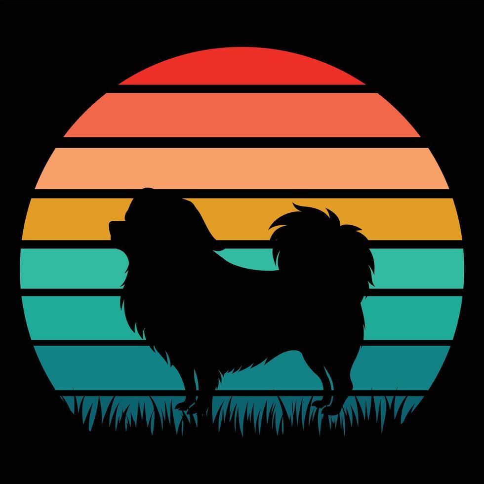 Sunset Retro Pekingese Dog Silhouette Aesthetic Design vector
