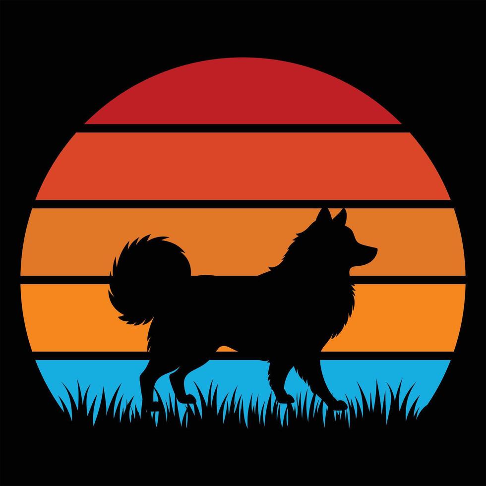 Sunset in Retro Colors with Keeshond Dog Silhouette vector