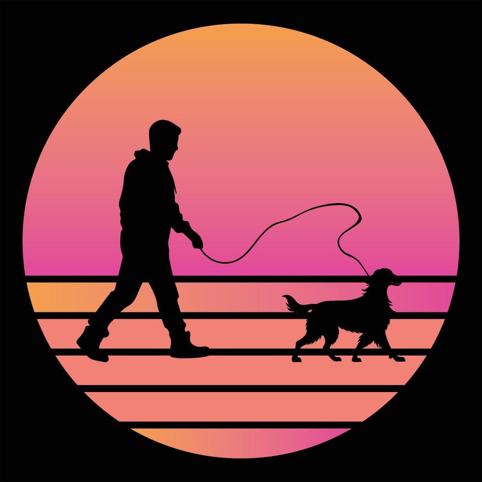 Sunset Over Irish Setter Dog Silhouette in Retro Style vector