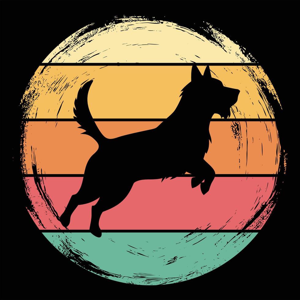 Retro Sunset Scene with Skye Terrier Dog Silhouette in the Distance vector