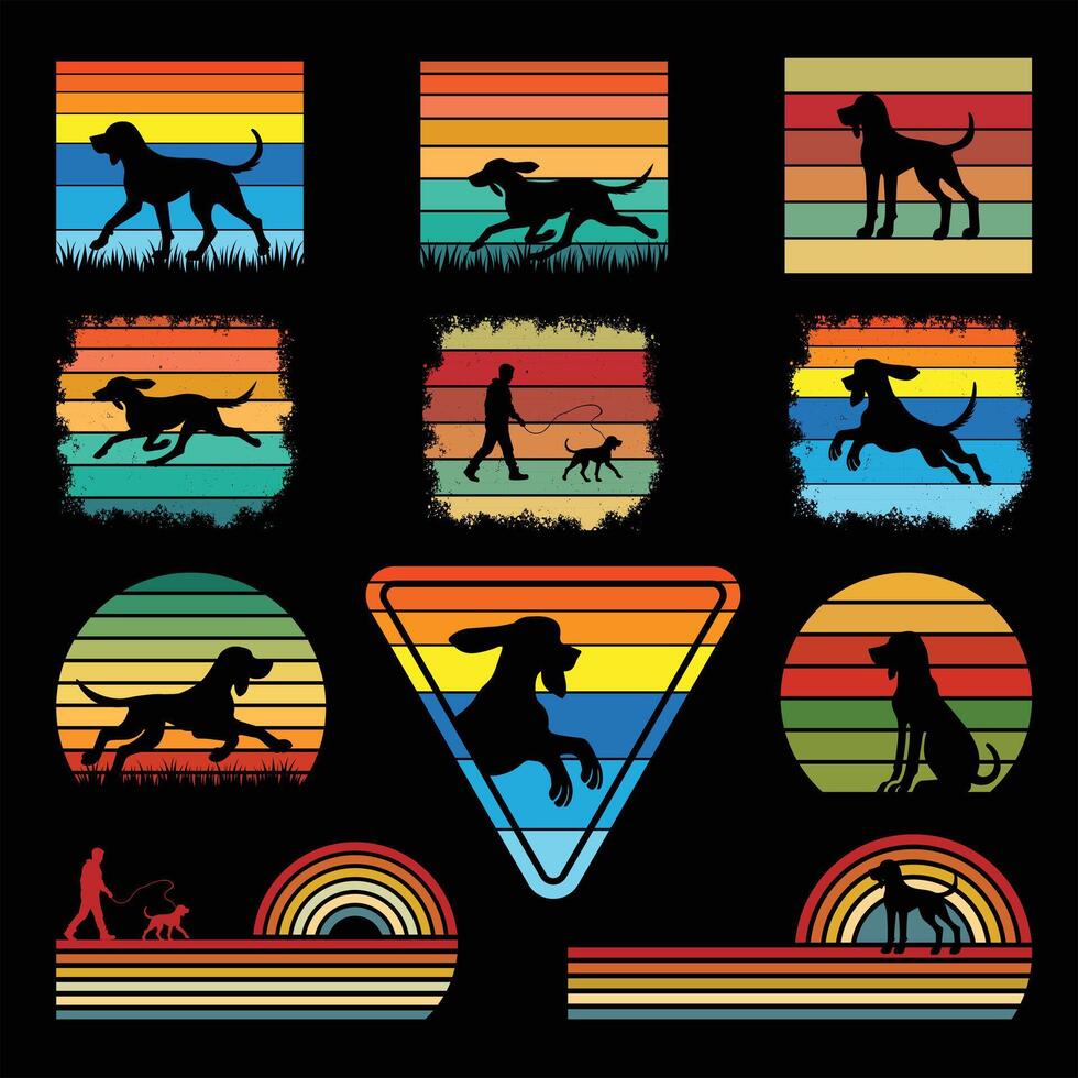Coonhound Dog Silhouette with Sunset Retro Illustration Bundle vector