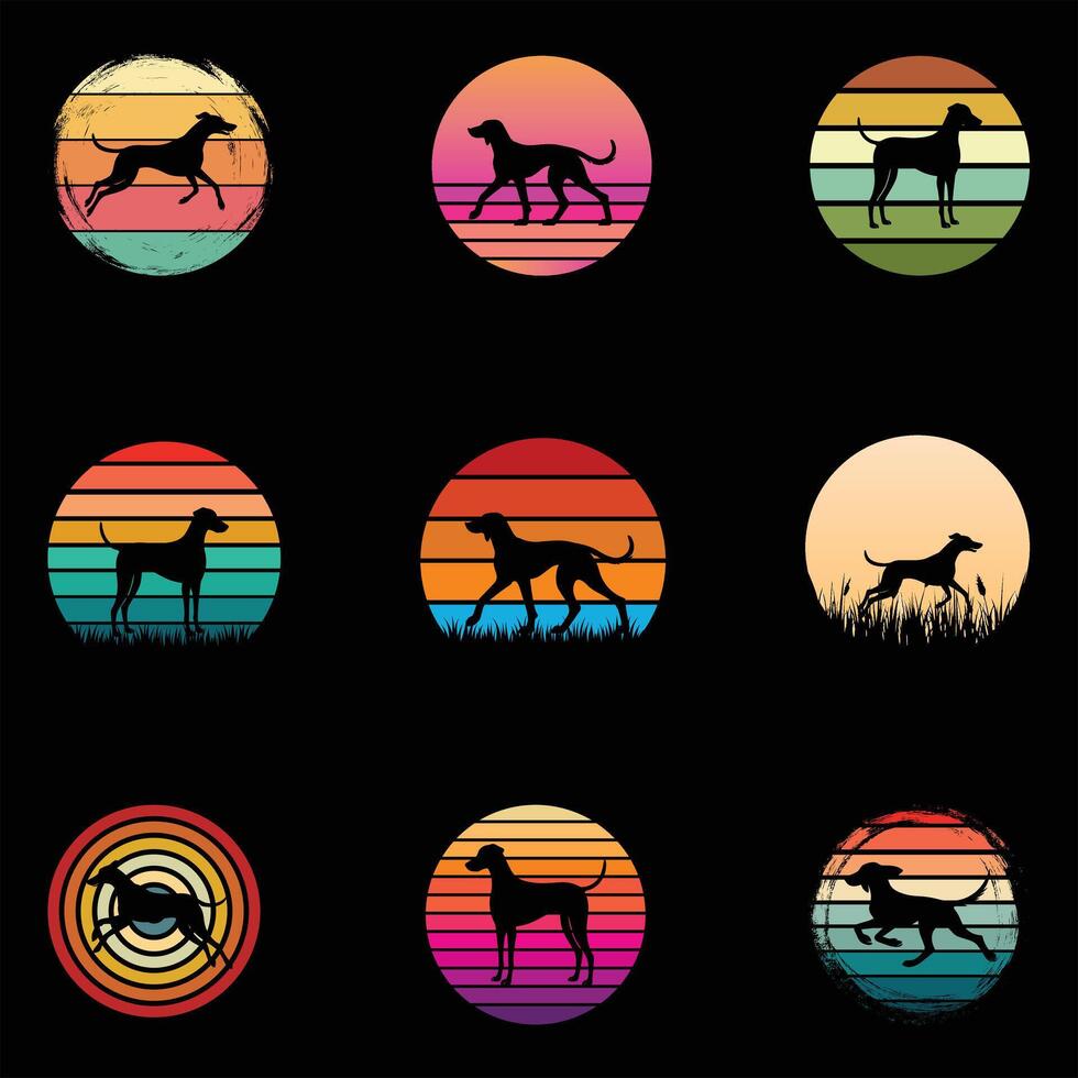 Retro Sunset Illustration Featuring American Foxhound Silhouette Bundle vector