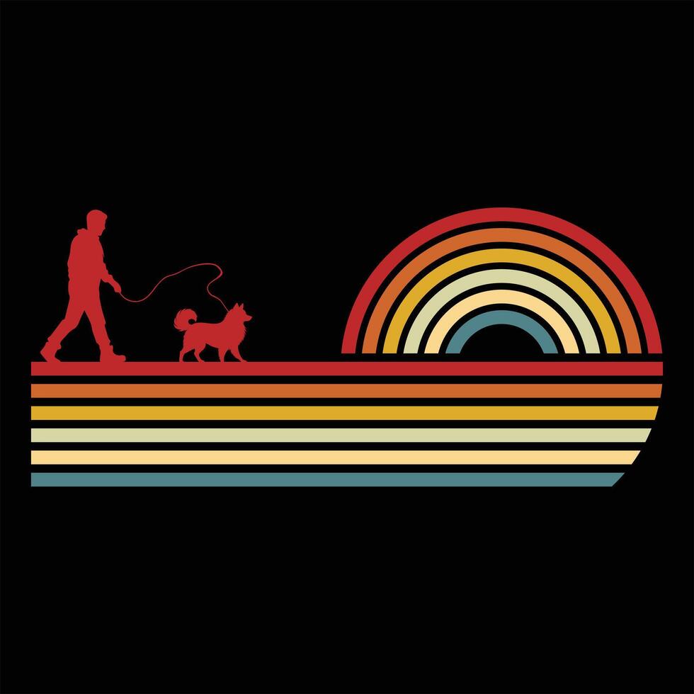 Retro Sunset Horizon With American Eskimo Dog Silhouette vector