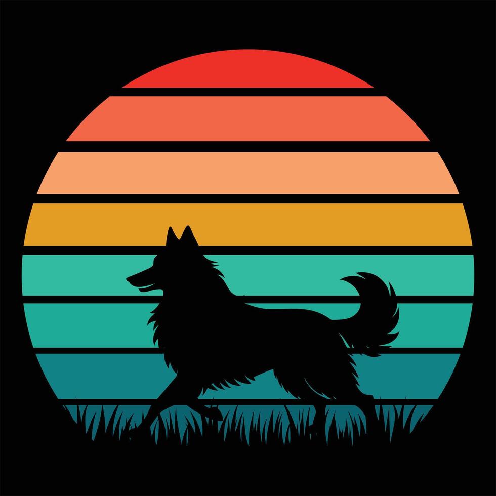 Retro Sunset Background with Belgian Tervuren Dog in Silhouette vector