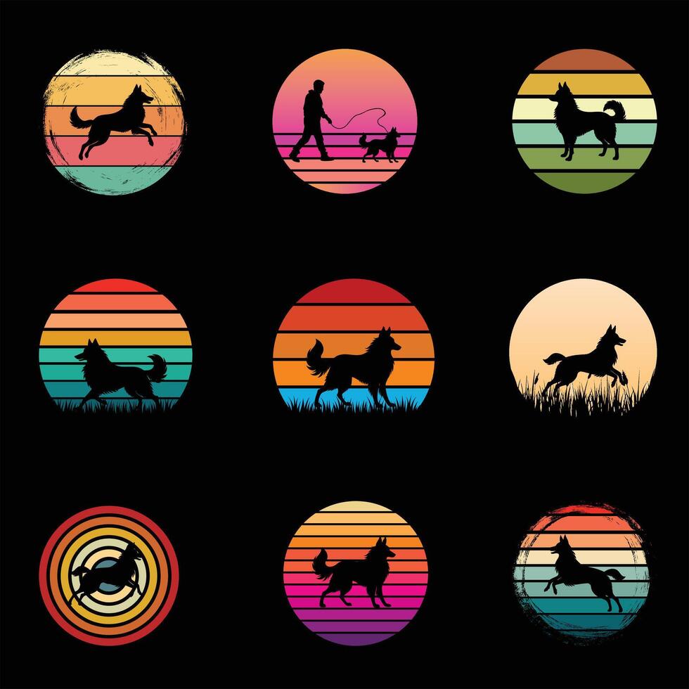 Set of Retro Sunset Illustration Featuring Belgian Tervuren Silhouette vector