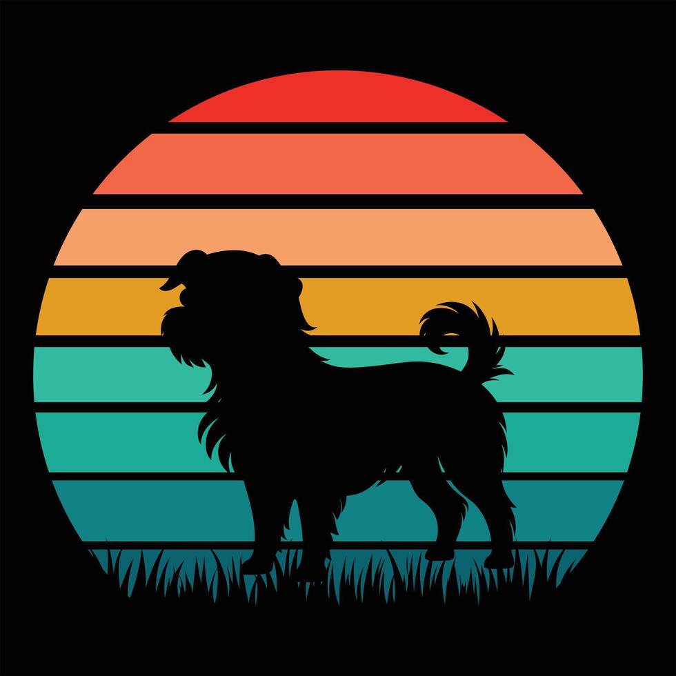 Brussels Griffon Dog Silhouette in a Retro Sunset Scene vector