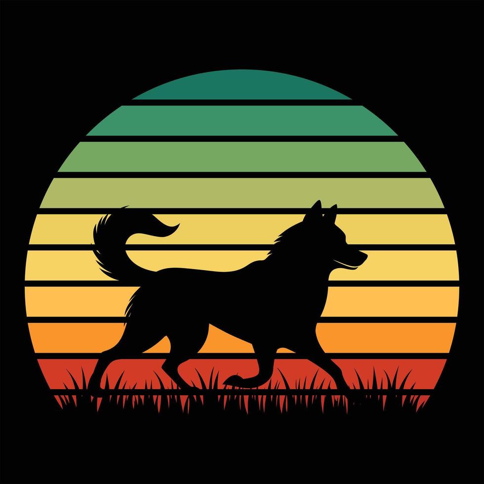 Retro Sunset Artwork Featuring a Norwegian Elkhound Dog Silhouette vector