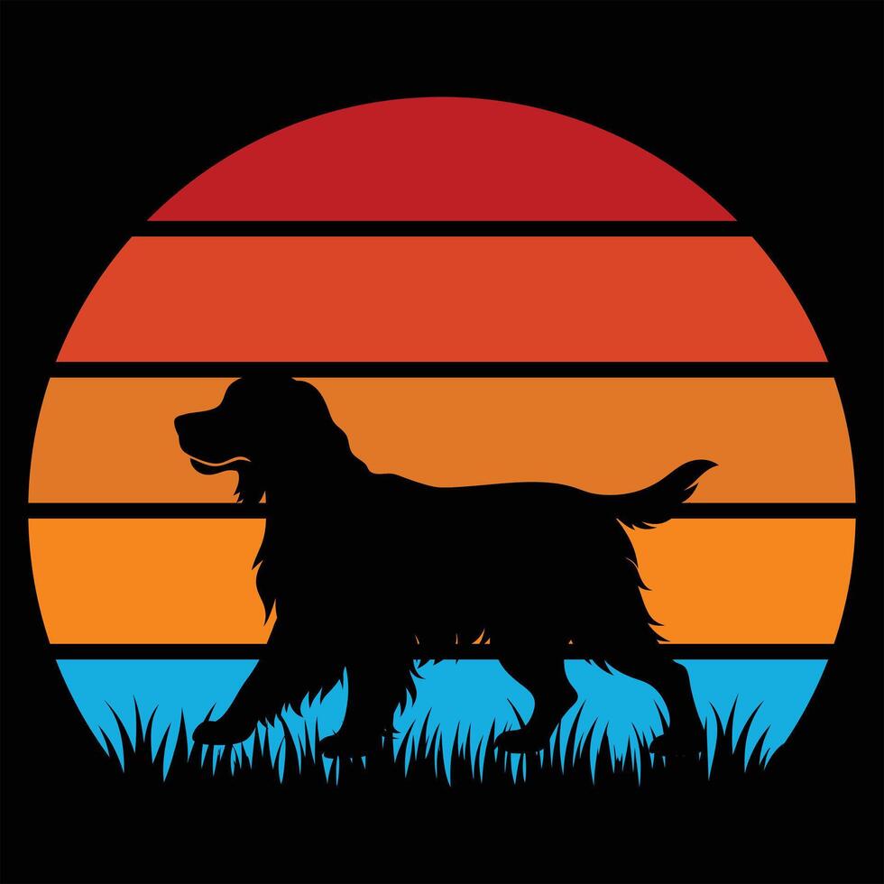 Vintage Style Clumber Spaniel Dog Silhouette with Retro Sunset vector