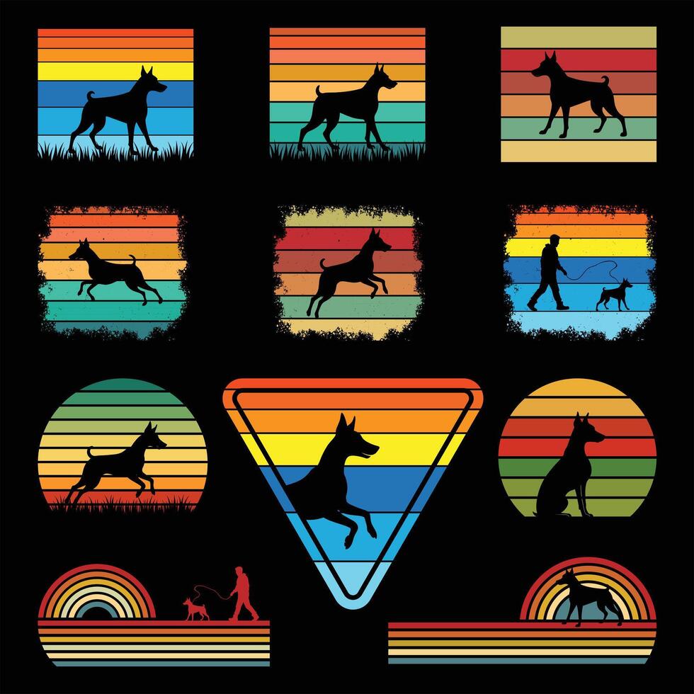 German Pinscher Dog in Silhouette with Retro Sunset Backdrop Bundle vector