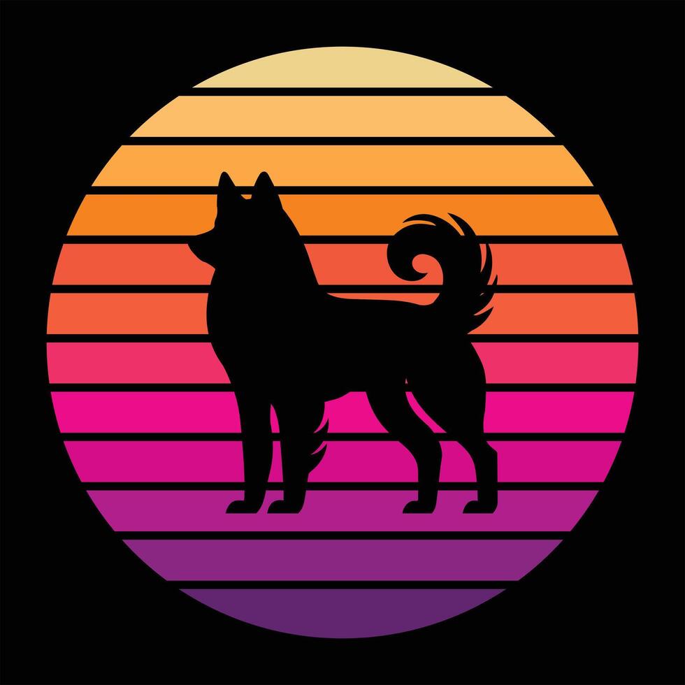 Artistic Norwegian Elkhound Dog Silhouette with Retro Sunset Background vector