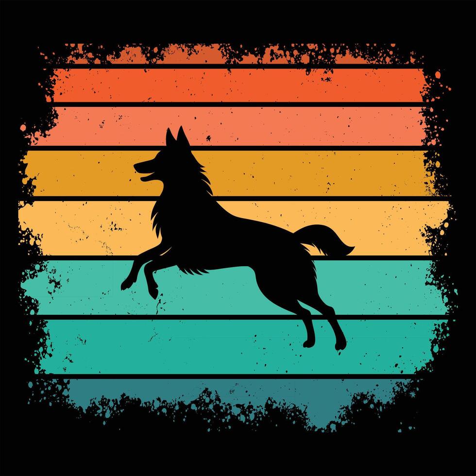 Retro Sunset Design with a Belgian Tervuren Dog in Silhouette vector