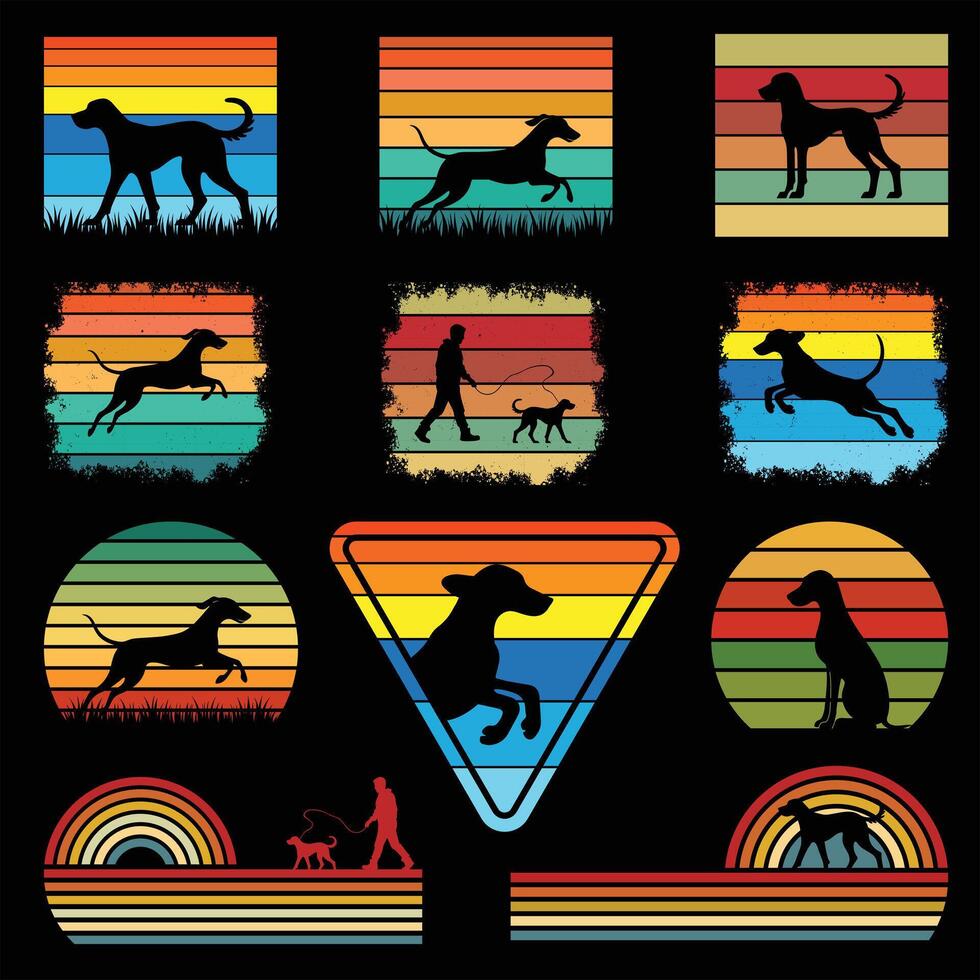 Set of Sunset Retro Design with Redbone Coonhound Dog Silhouette vector