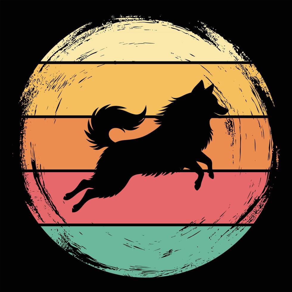 Sunset and Keeshond Dog Retro Graphic Art vector
