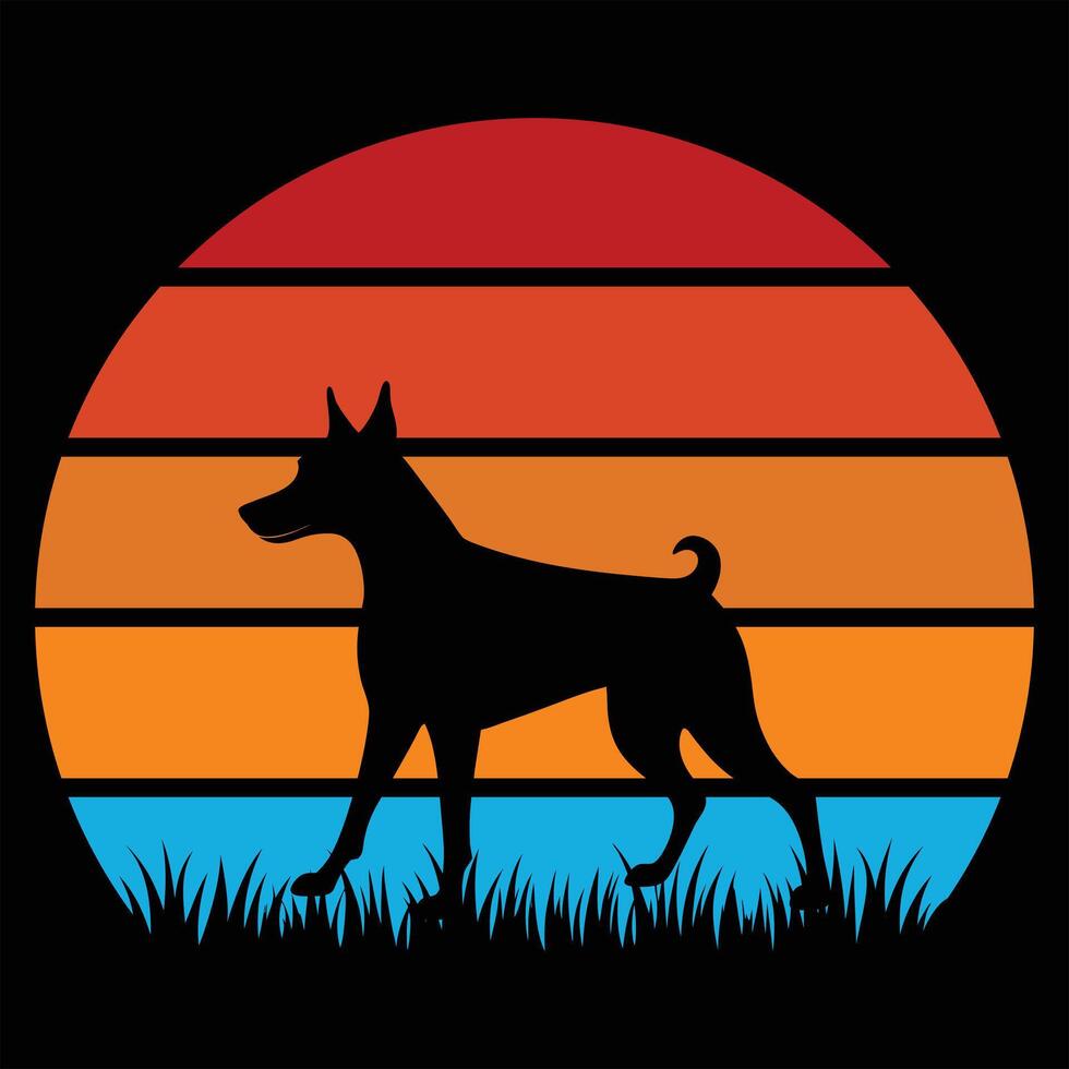 Vintage Style German Pinscher Dog Silhouette with Retro Sunset vector