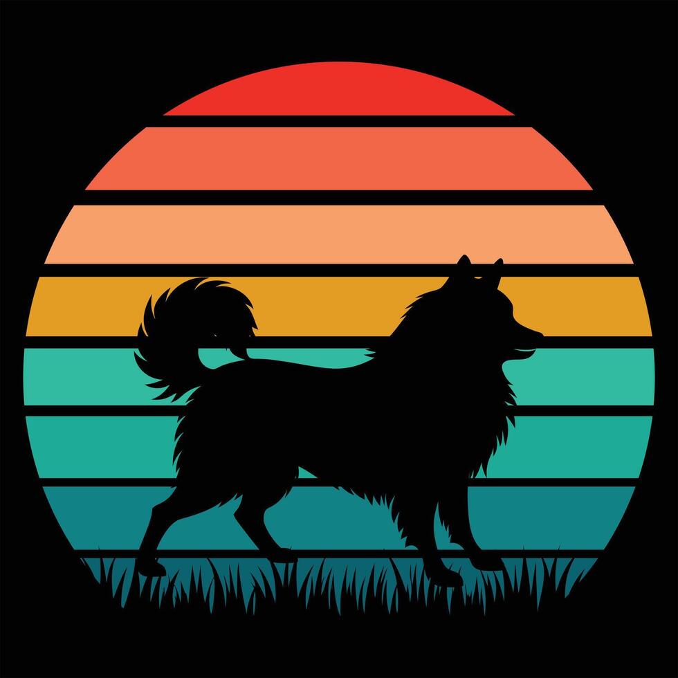 American Eskimo Dog Silhouette With Retro Sunset Background vector
