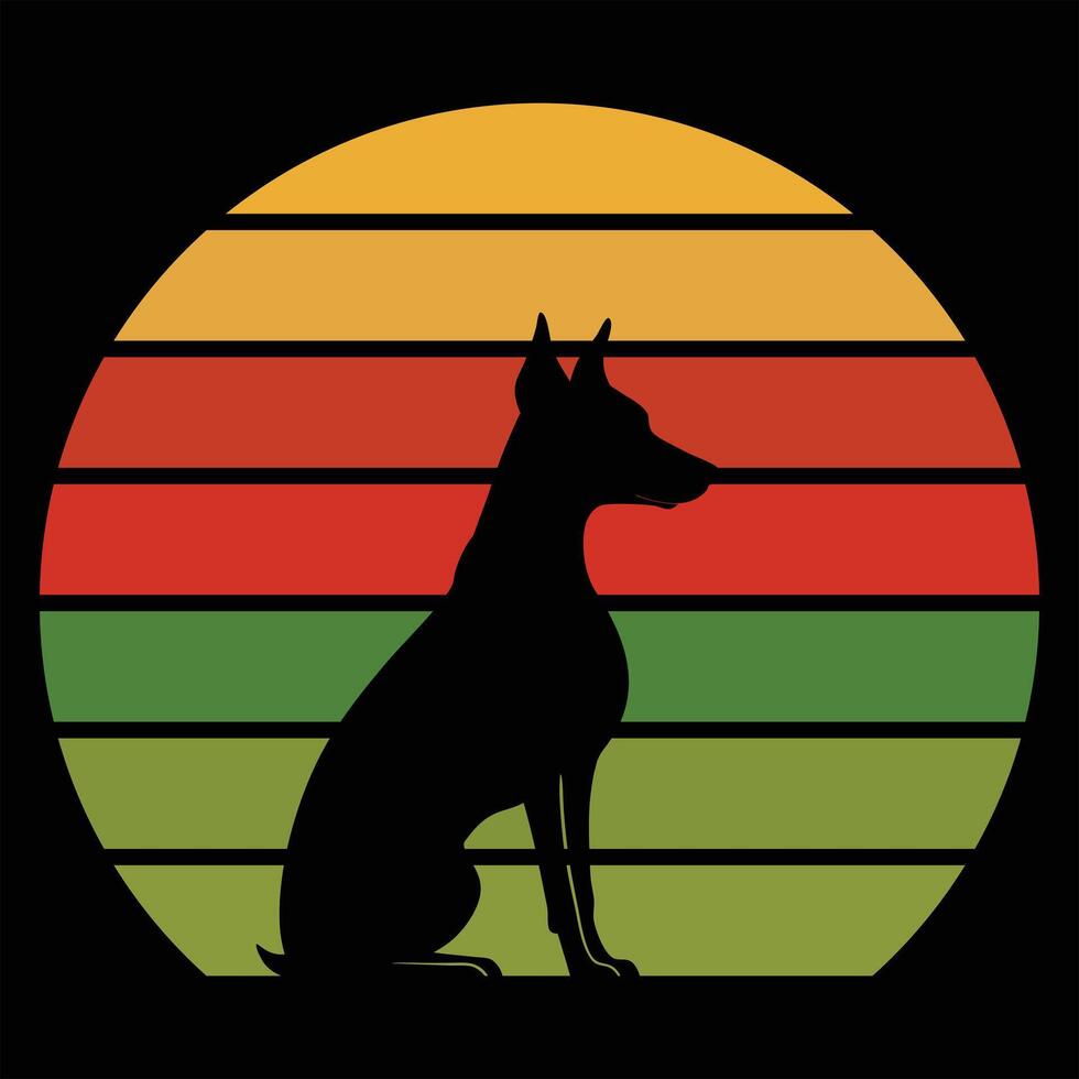 Retro Sunset Background with German Pinscher Dog in Silhouette vector