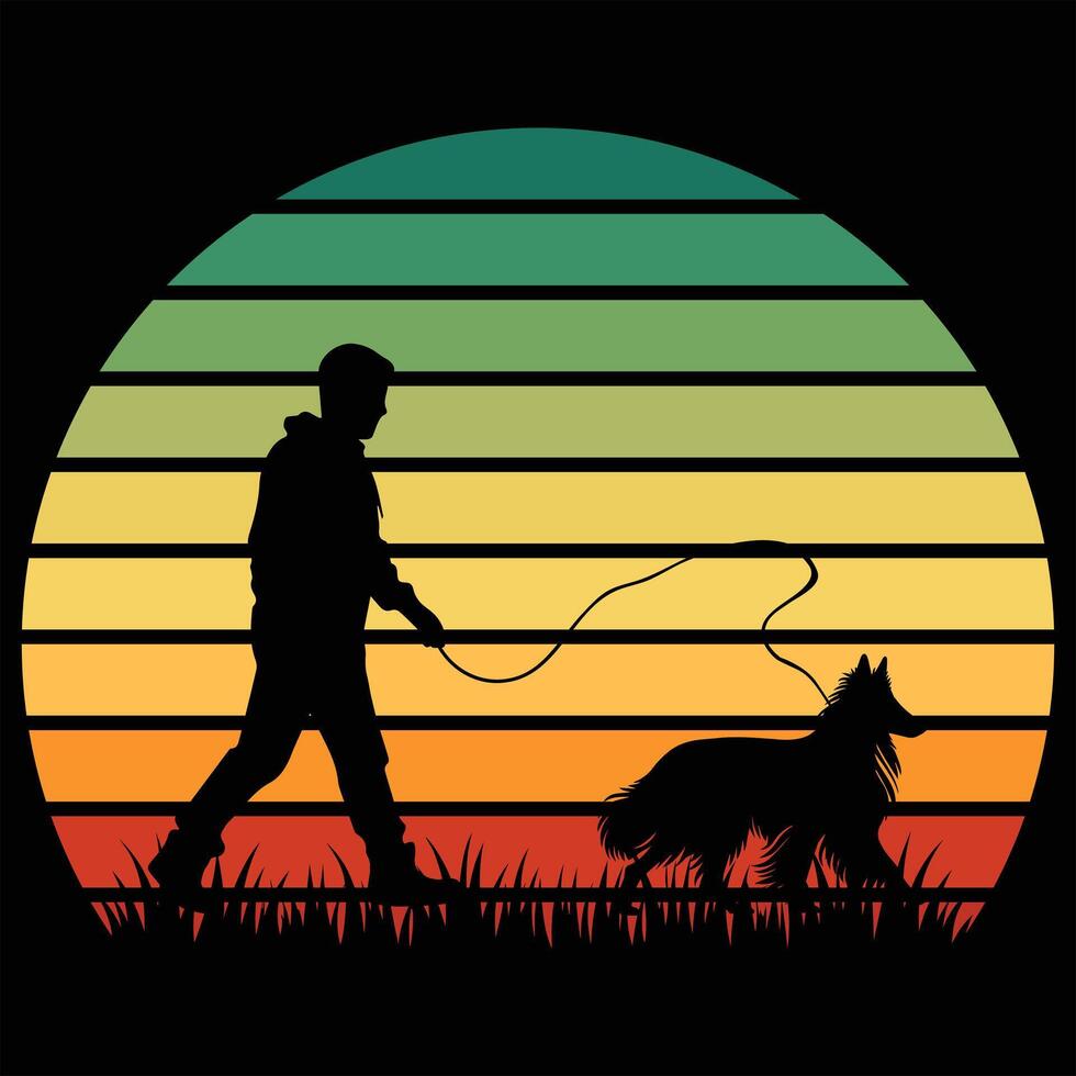 Retro Sunset Horizon With Belgian Shepherd Dog Silhouette vector