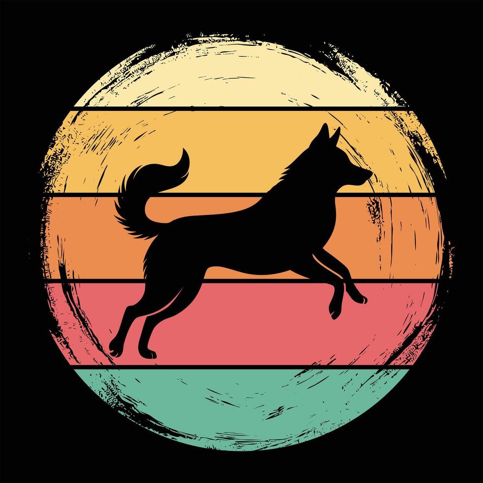 Retro-Style Norwegian Elkhound Dog Silhouette with Sunset Hues vector