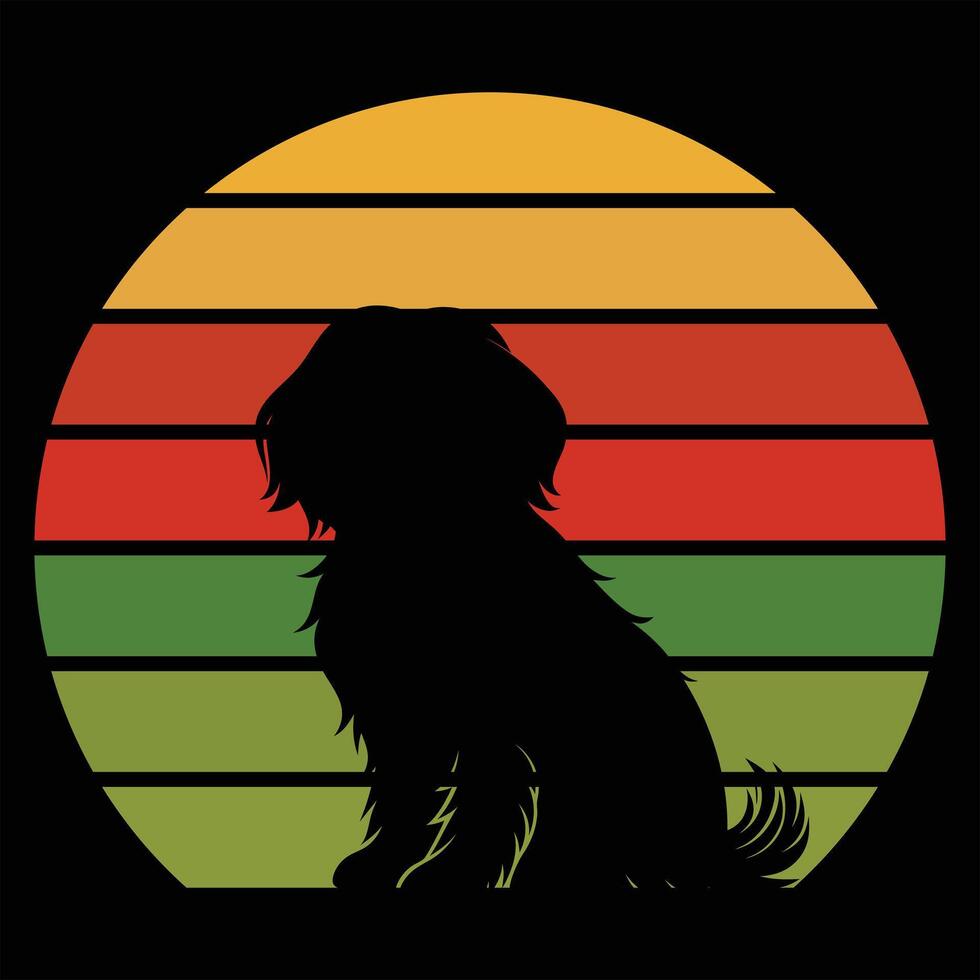 Retro Tibetan Terrier Dog Illustration With Sunset Backdrop vector