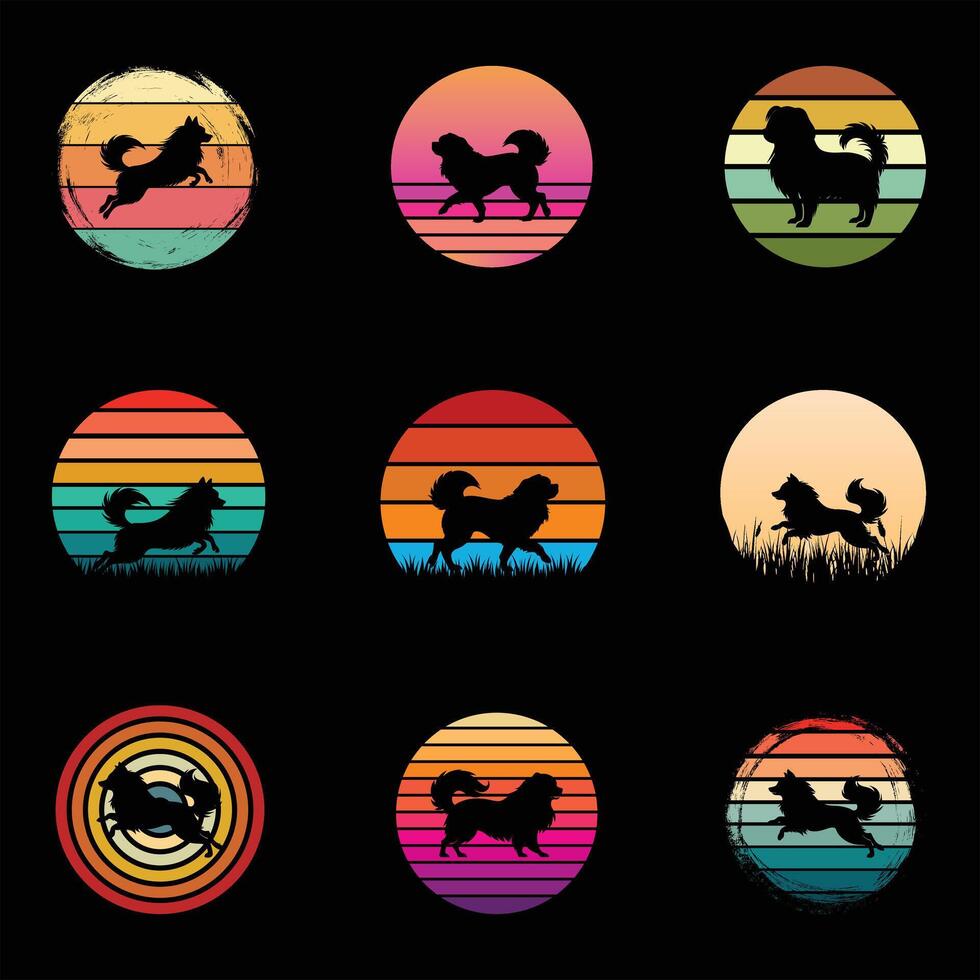 Collection of Vintage Japanese Chin Dog in a Sunset Scene vector