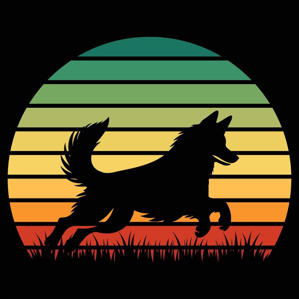 Retro Swedish Vallhund Silhouette in Vintage Sunset Design vector