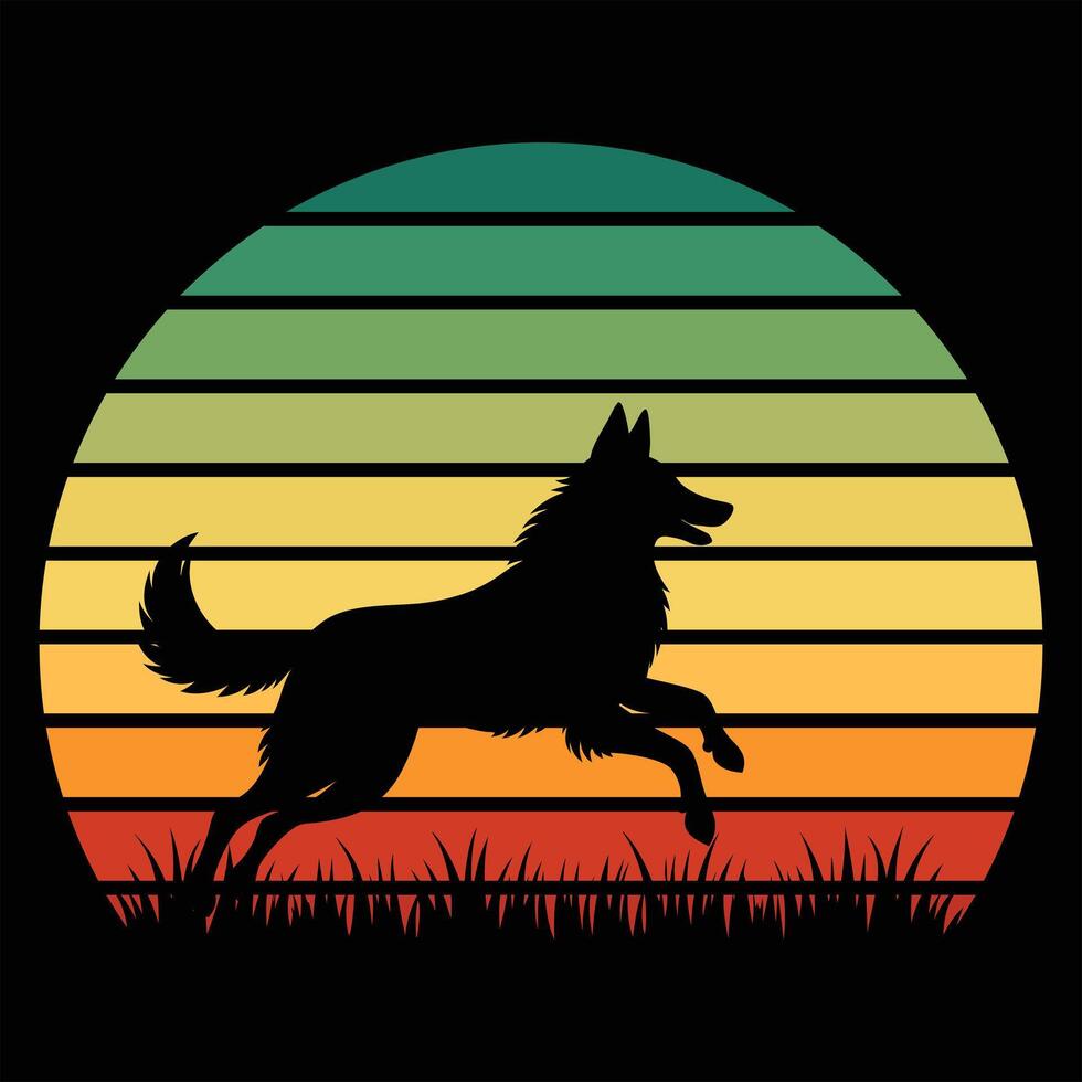 Retro Sunset Featuring Belgian Tervuren Dog Silhouette vector
