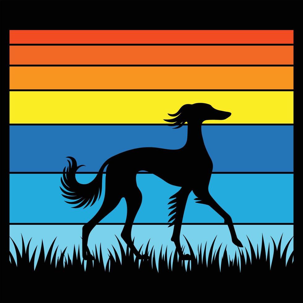 Saluki Silhouette Against a Retro Sunset Landscape vector