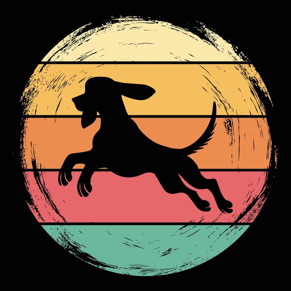 Coonhound Dog Silhouette in Retro Sunset Vibe Art vector