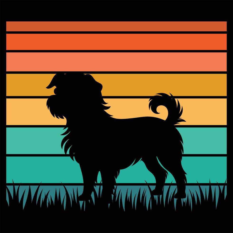 Brussels Griffon Silhouette Over a Retro Sunset Landscape vector