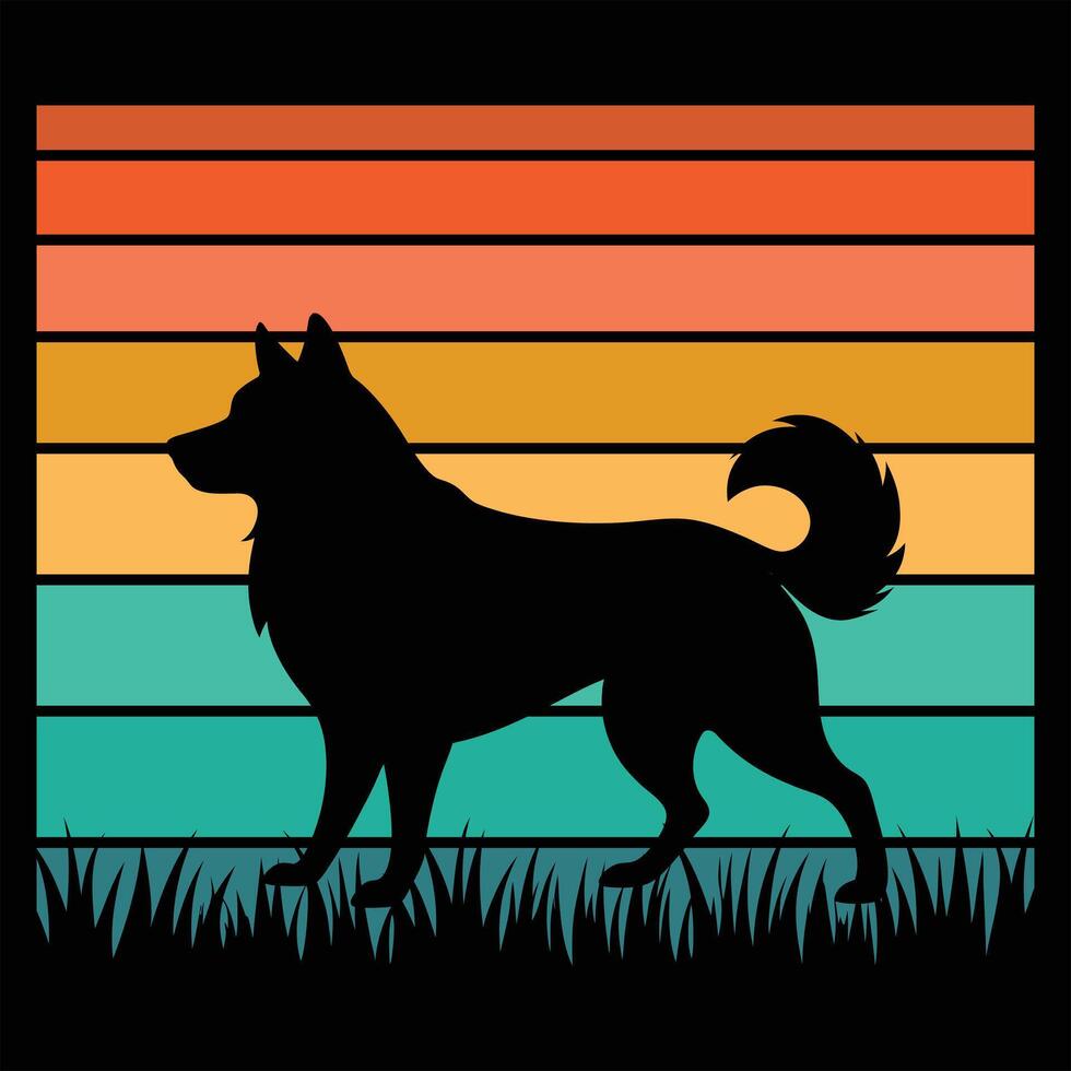 Norwegian Elkhound Dog Art Featuring Retro Sunset Silhouette vector