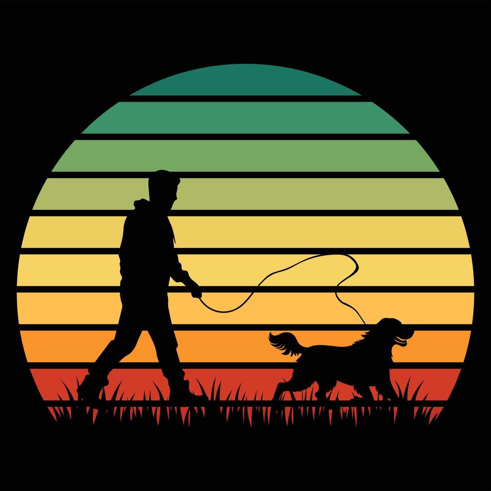 Clumber Spaniel Silhouette Over a Retro Sunset Landscape vector