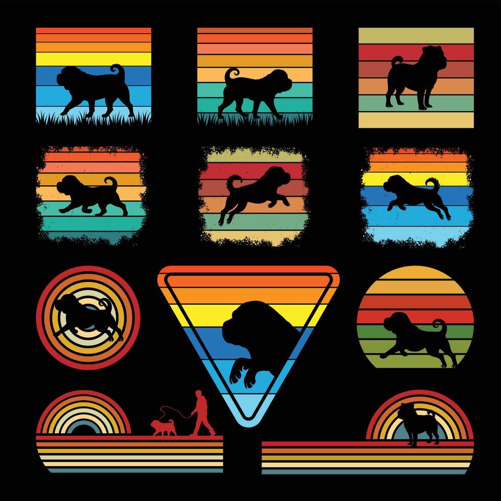 Vintage Styled Shar Pei Dog Silhouette With Retro Sunset Illustration Bundle vector