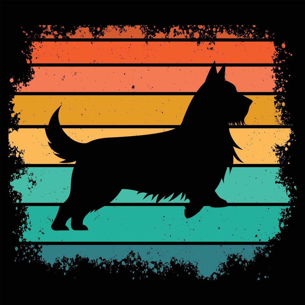 Skye Terrier Silhouette with Colorful Sunset Retro Vibes vector