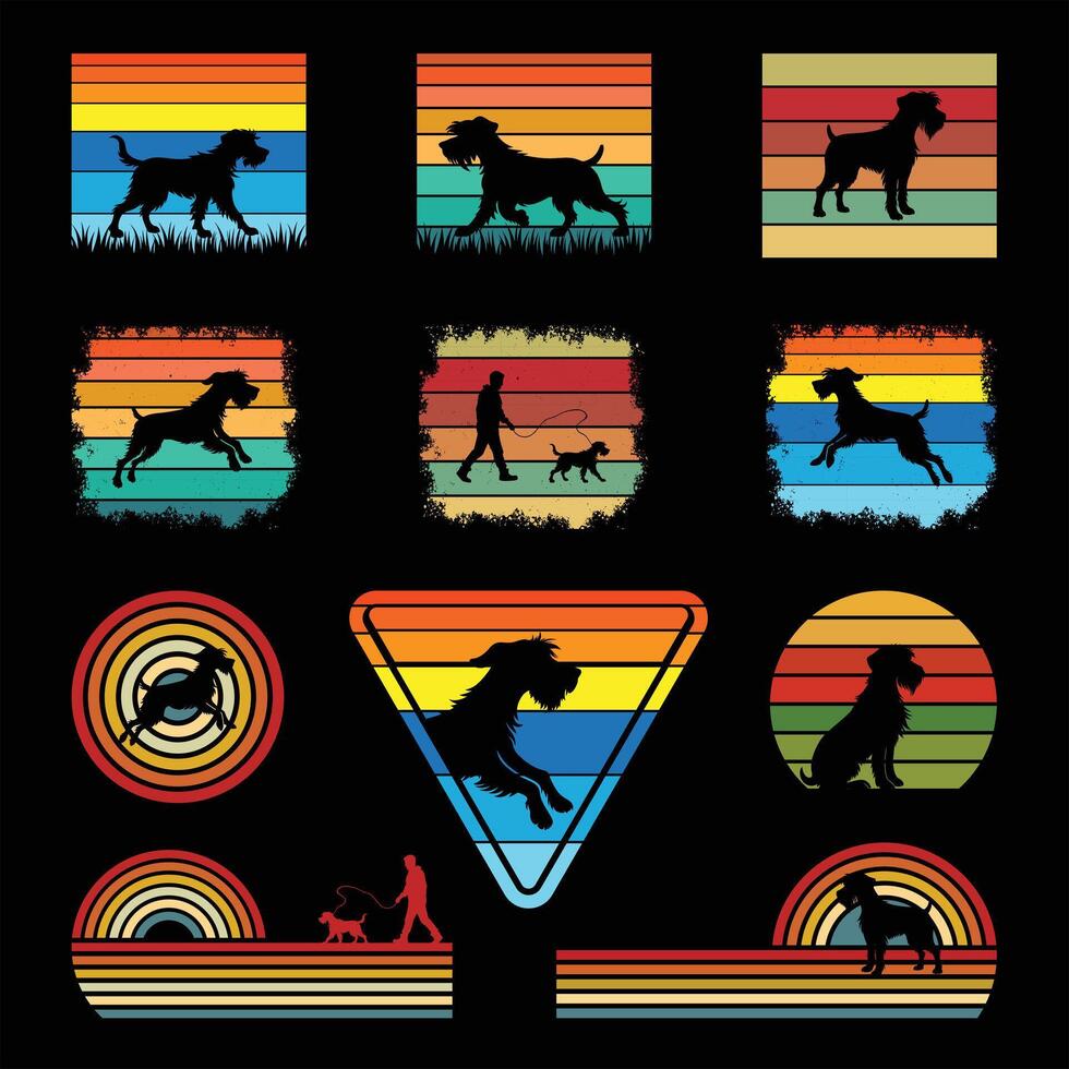 Golden Horizon Wirehaired Pointing Griffon Dog Silhouette Vintage Look Bundle vector