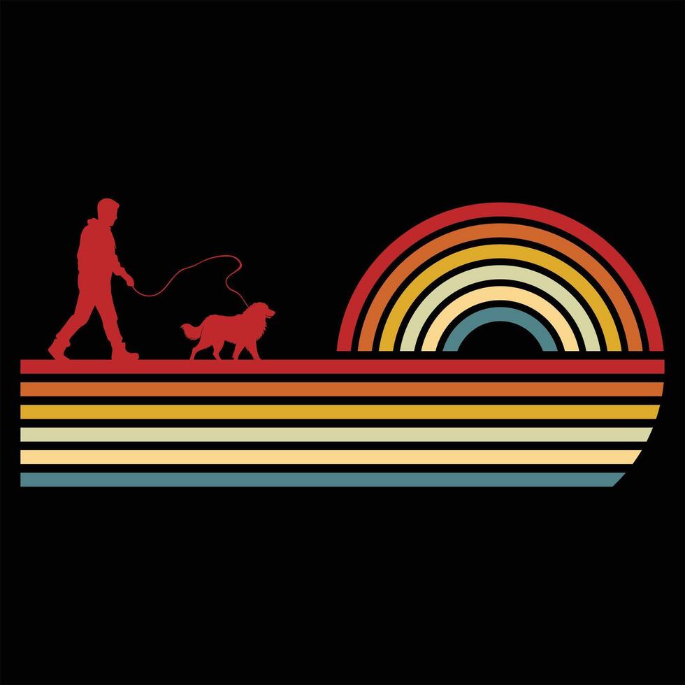 Sunset in Retro Style with Leonberger Silhouette vector