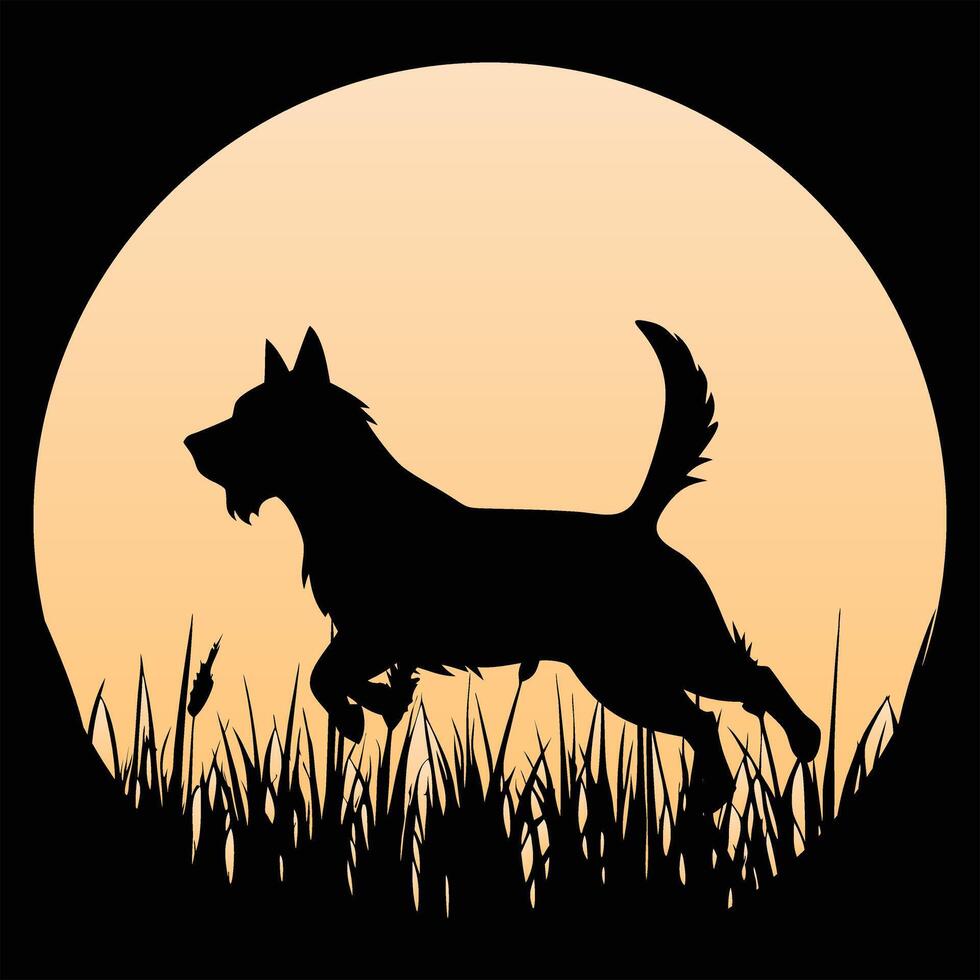 Skye Terrier Silhouette Set Against a Bold Sunset Retro Background vector
