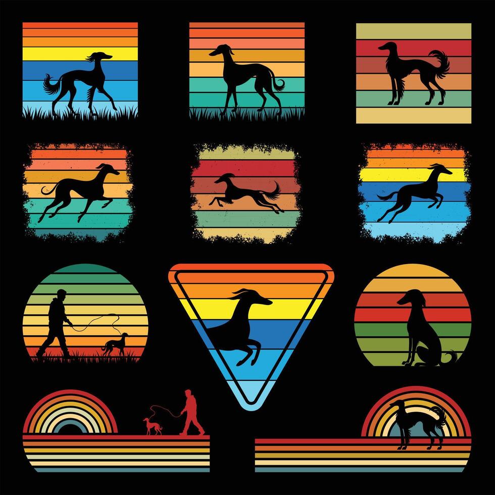 Set of Saluki Dog Silhouette in a Vintage Sunset Illustration vector