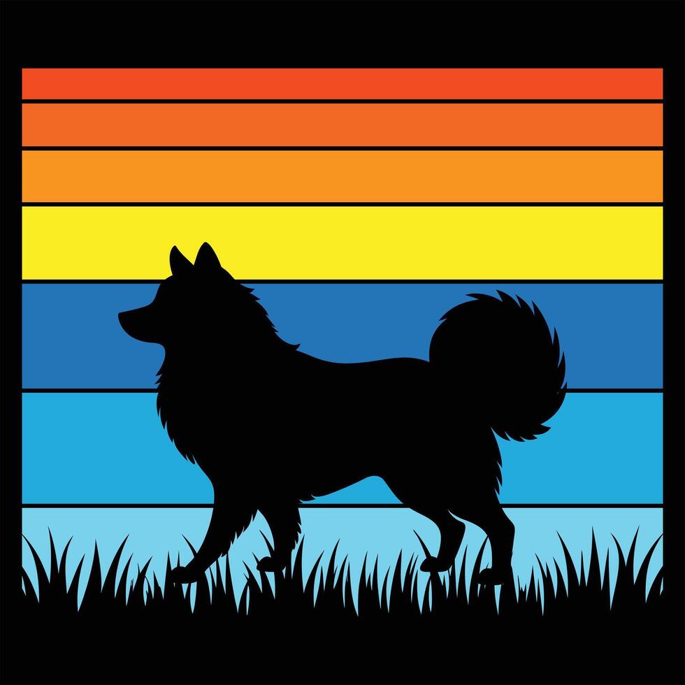 Retro Keeshond Dog Silhouette and Sunset Illustration vector