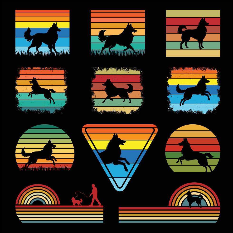 Collection of Vintage Belgian Tervuren Dog with Sunset Retro Design vector