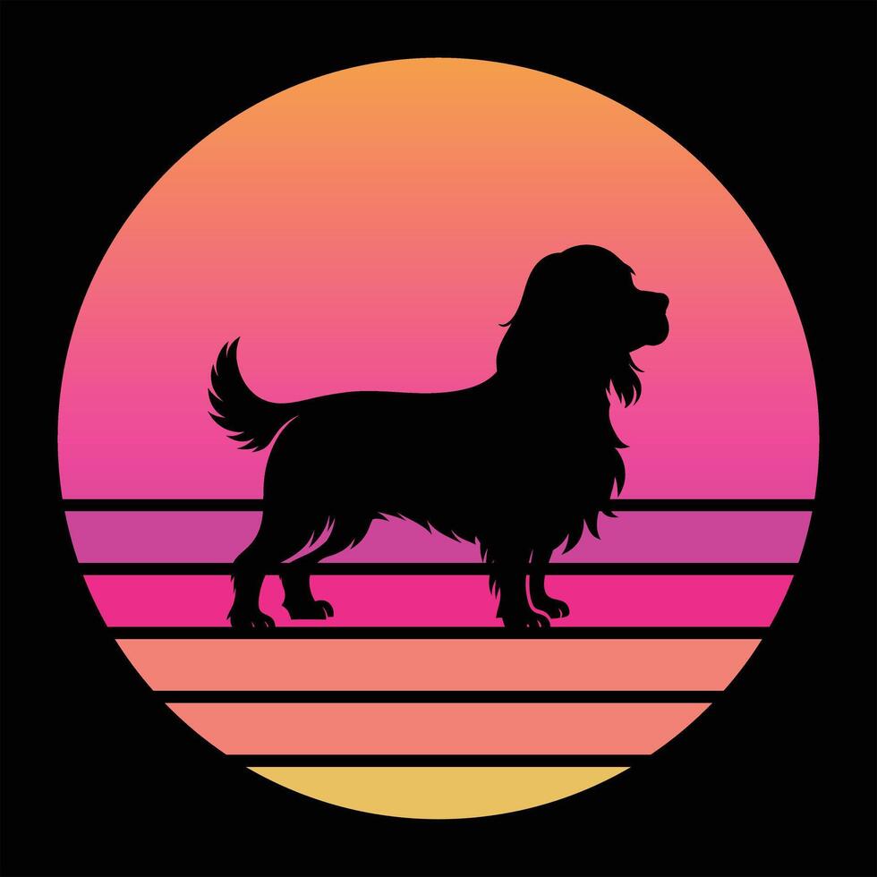 Vintage Sunset-Inspired Cavalier King Charles Spaniel Dog Silhouette vector