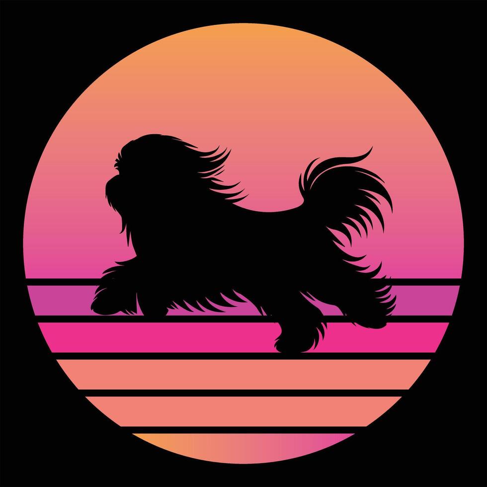 Tibetan Terrier Dog Silhouette With Retro Sunset Design vector