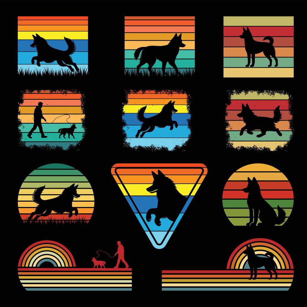 Collection of Swedish Vallhund Dog Silhouette with Sunset Retro Background vector