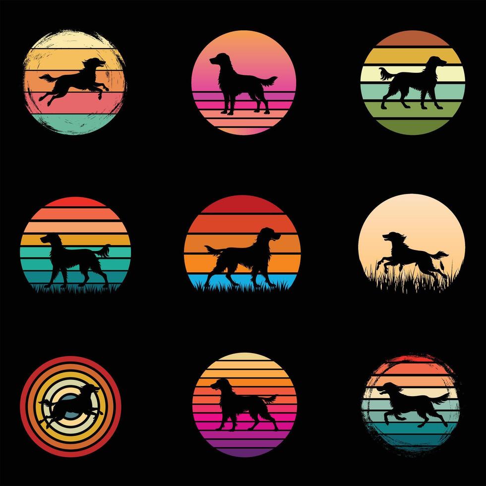 English Setter Silhouette with Classic Sunset Retro Design Bundle vector