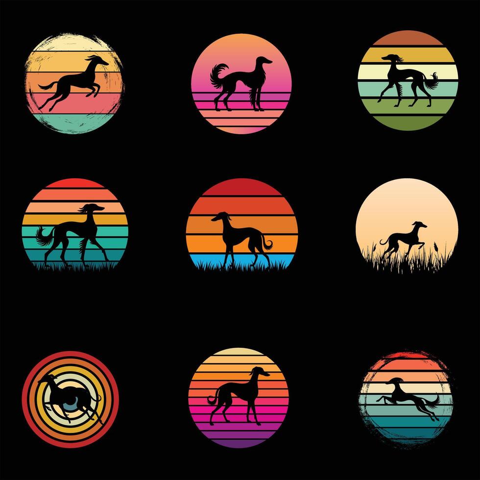 Collection of Retro Sunset Background with Saluki Dog Silhouette Art vector