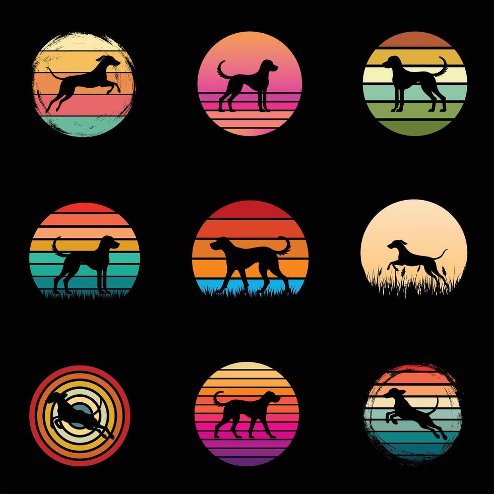 Redbone Coonhound Dog in Silhouette Set Against Retro Sunset Bundle vector