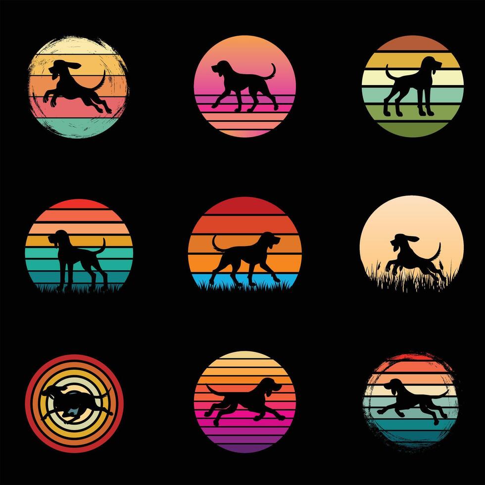 Coonhound Dog Silhouette in Retro Sunset Design vector