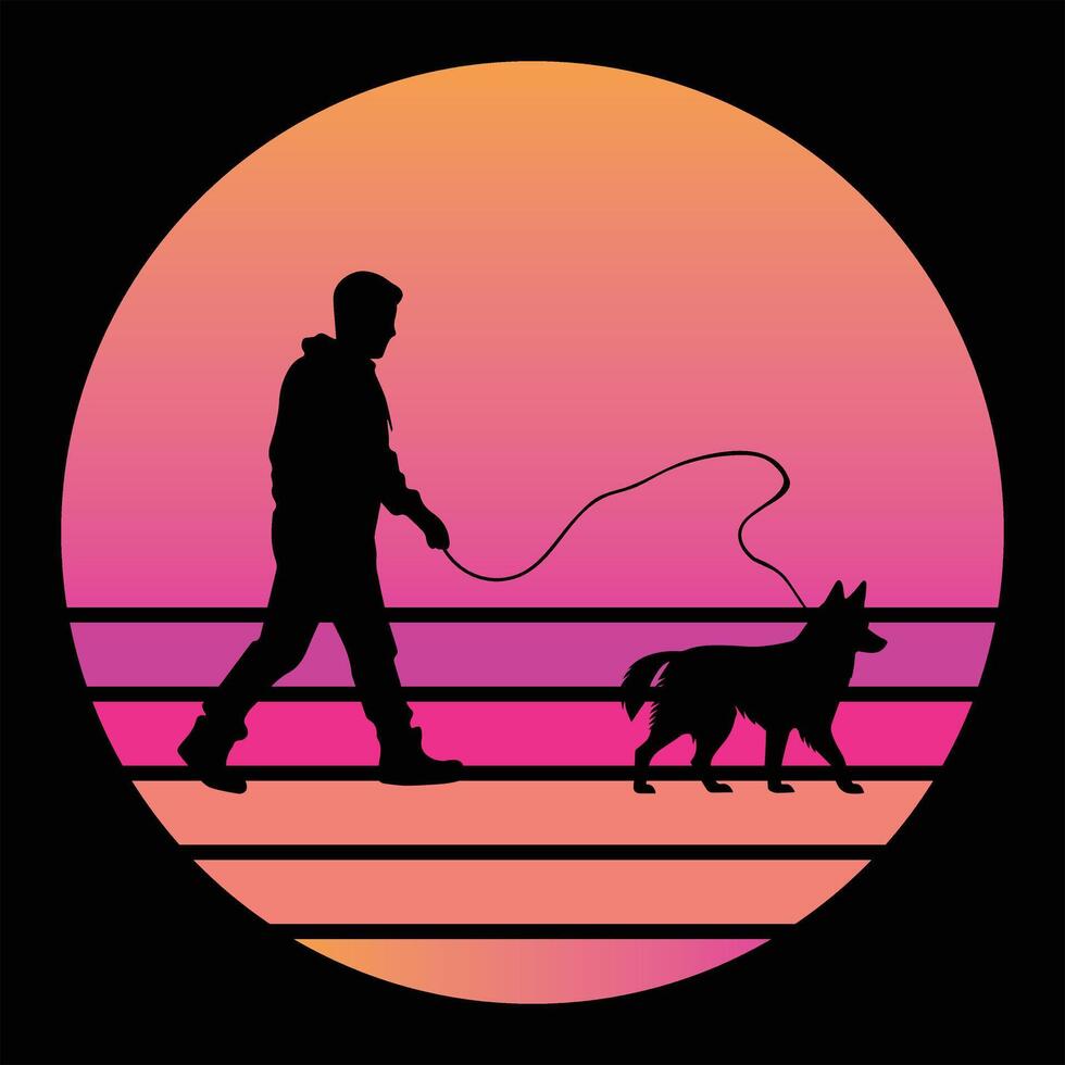 Swedish Vallhund Dog Silhouette in Retro Sunset Glow vector